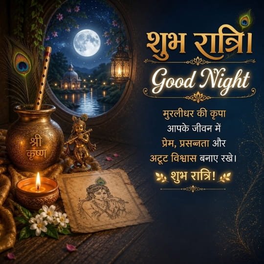 Krishna Good Night Image with Murli, Divine Blessings, Moonlit Temple View and Peaceful Hindi Good Night Wishes