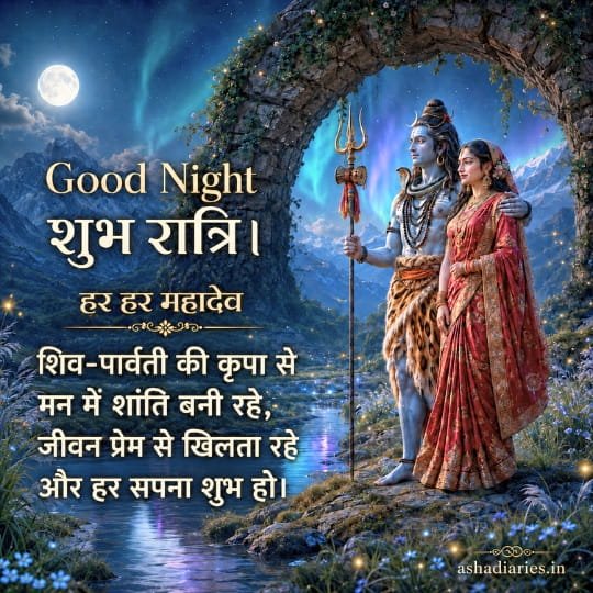 Shiv Parvati Good Night image beneath an aurora-lit mountain arch with Har Har Mahadev blessing