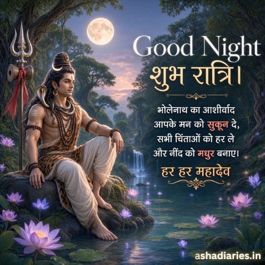 Lord Shiva sitting beside a lotus pond and waterfall under the full moon with a Good Night message
