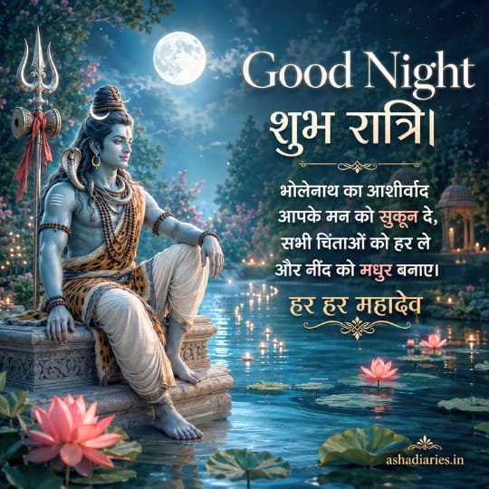 Lord Shiva sitting beside a moonlit lotus pond with a devotional Good Night message