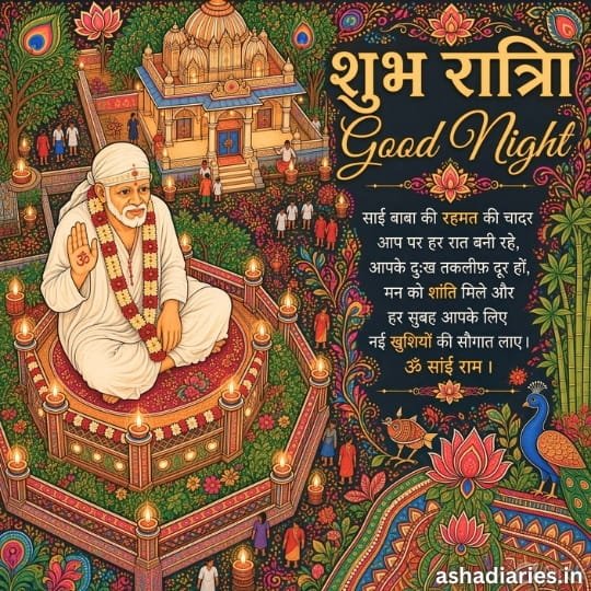 Sai Baba Good Night image with traditional temple artwork, colorful floral patterns and divine blessings