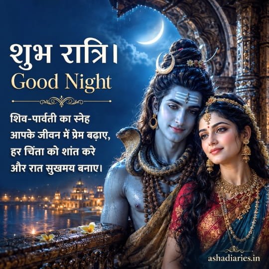 Close-up Shiv Parvati Good Night image beneath a crescent moon temple arch
