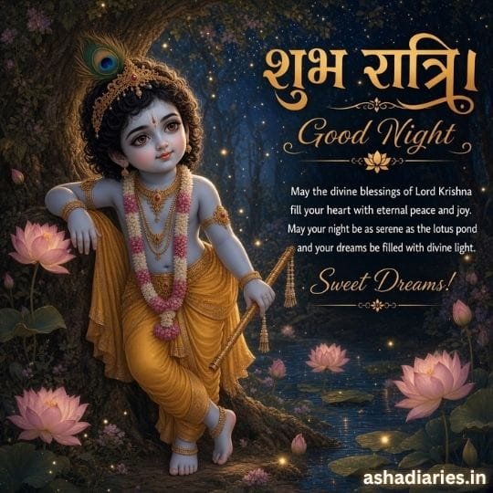 Lord Krishna Good Night image with lotus flowers, divine blessings and peaceful night background