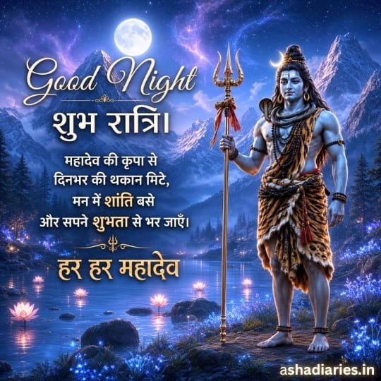 Lord Shiva standing beside a moonlit Himalayan lake with a peaceful Good Night message