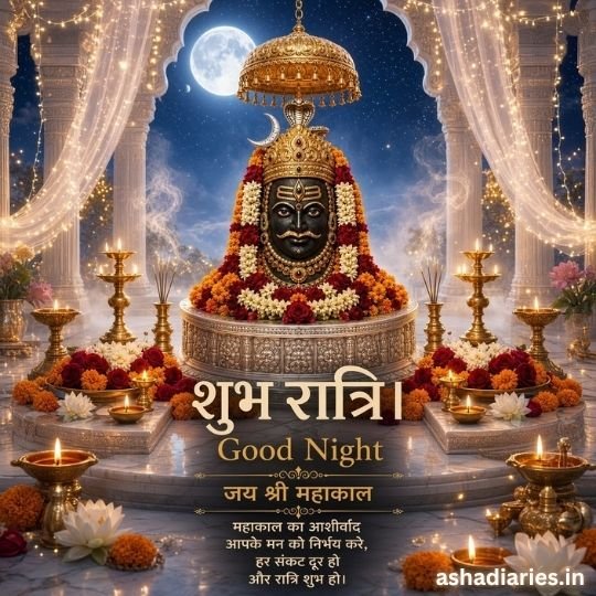 Mahakaal Good Night image with decorated Shiva lingam, full moon, glowing diyas and शुभ रात्रि wishes