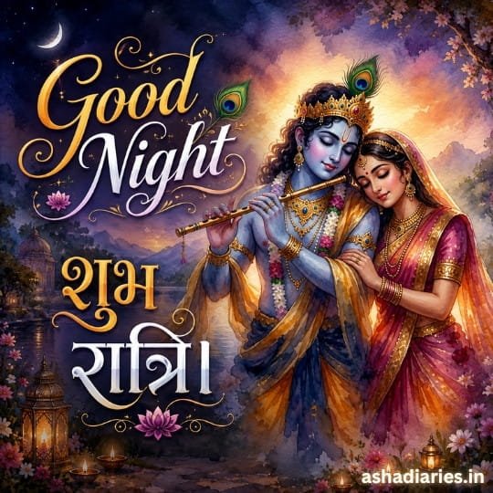 Beautiful Radha Krishna Good Night Image with Divine Blessings, Moonlit Background, Peaceful Night Wishes and Shubh Ratri Greeting