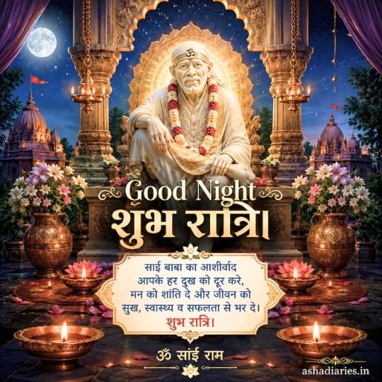 Sai Baba Good Night image with illuminated temple, glowing diyas, flowers and divine Hindi blessings
