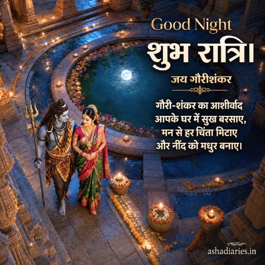 Shiv Parvati Good Night image in a diya-lit temple courtyard with Gauri Shankar blessing