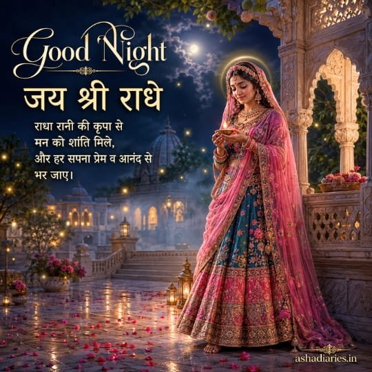 Good Night जय श्री राधे image with Radha Rani holding diya, moonlit temple courtyard, rose petals and peaceful devotional blessing