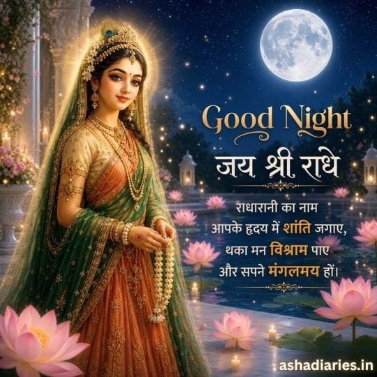 Good Night जय श्री राधे image with Radha Rani, full moon, lotus pond, glowing lamps and peaceful devotional blessing