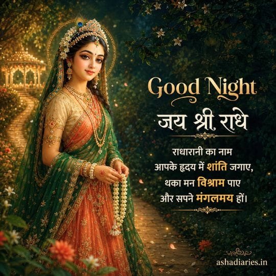 Good Night जय श्री राधे image with Radha Rani in green saree, garden path, glowing lights and peaceful devotional Hindi blessing