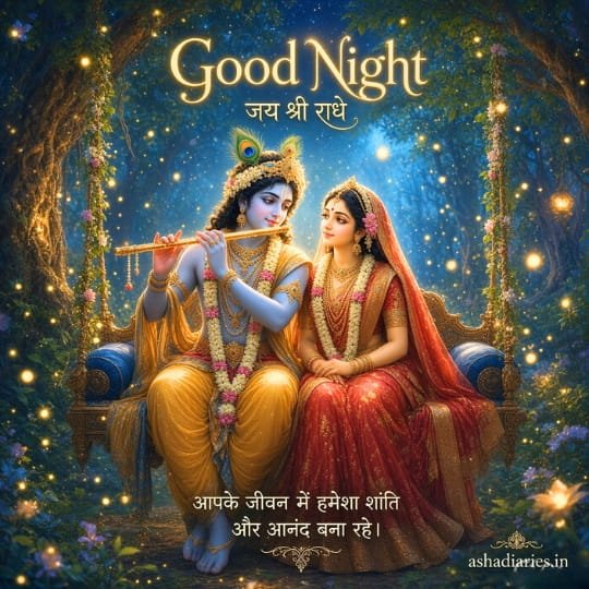 Good Night जय श्री राधे image with Radha Krishna on swing, glowing forest lights, flute and peaceful Hindi blessing