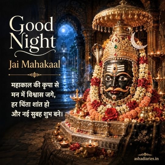 Jai Mahakaal Good Night image with decorated Mahakal lingam, glowing temple diyas and Hindi night blessing