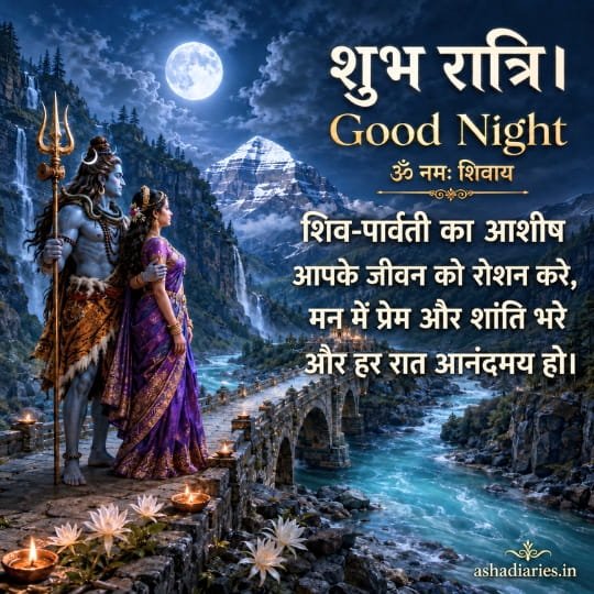 Shiv Parvati Good Night image near Mount Kailash river bridge with Om Namah Shivaya blessing