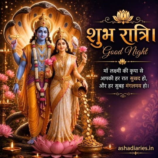 Lakshmi Narayan Good Night image with Sheshnag, lotus and divine night blessings