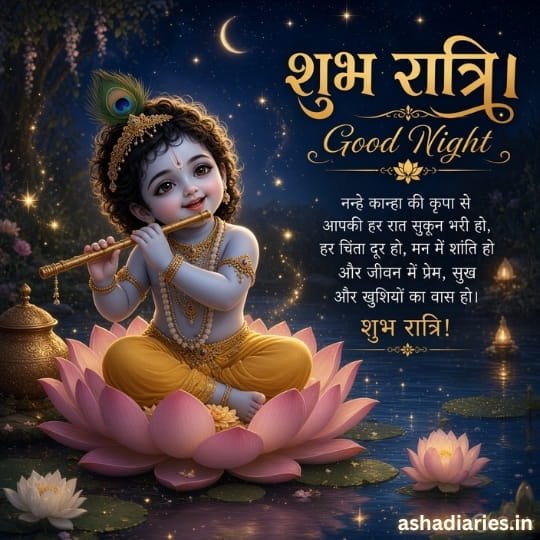 Bal Krishna playing flute on pink lotus with Shubh Ratri Good Night wishes and divine night scenery