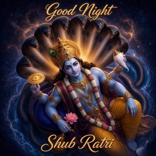 Lord Vishnu Good Night image with Sheshnag, lotus, chakra, conch and divine cosmic glow
