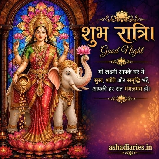 Maa Lakshmi Good Night image with elephant, stained glass backdrop and prosperity blessings