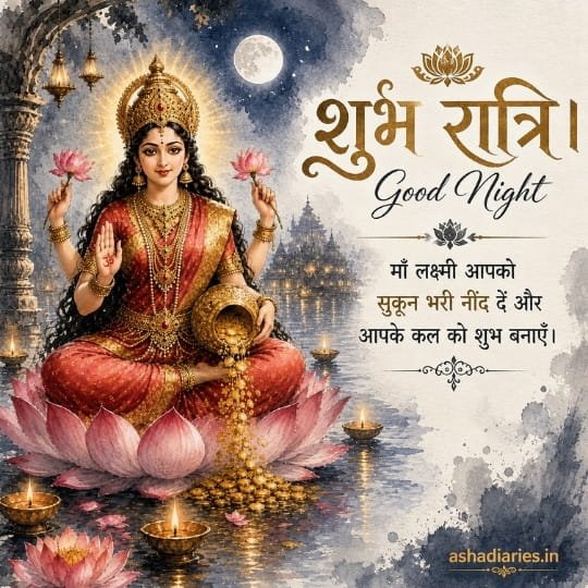 Maa Lakshmi Good Night image in watercolor style with lotus, diyas and peaceful night blessing