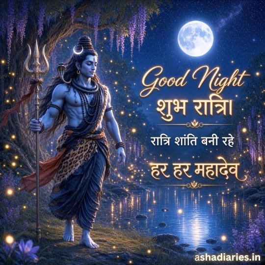 Lord Shiva walking with his trident beside a moonlit forest lake with a Good Night greeting
