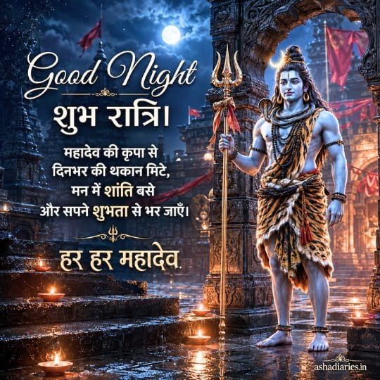 Lord Shiva holding a trident at a moonlit ancient temple with a peaceful Good Night message