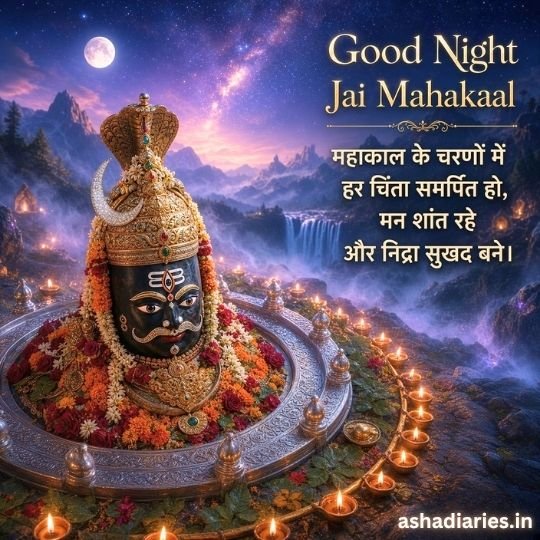 Jai Mahakaal Good Night image with divine Mahakal lingam, mountain night scenery, glowing diyas and Hindi शुभ रात्रि wishes