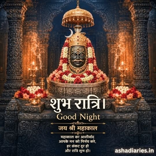 Mahakaal Good Night image with decorated Mahakal lingam, temple diyas, flowers and शुभ रात्रि blessing