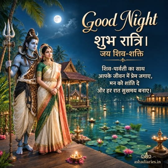 Shiv Shakti Good Night image beside a moonlit lotus lake with divine blessing