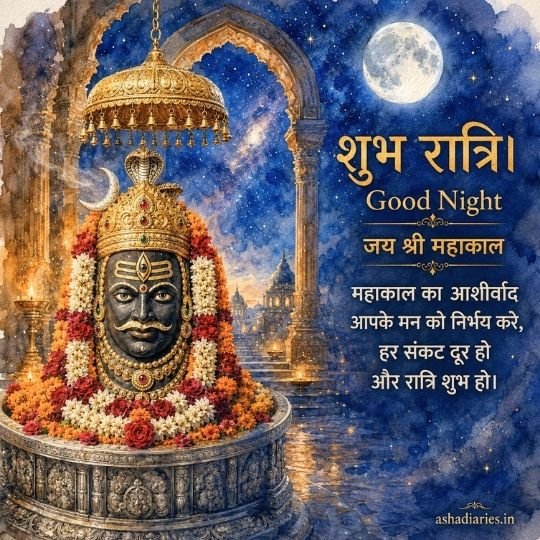 Watercolor Mahakaal Good Night image with decorated Mahakal lingam, full moon and शुभ रात्रि blessing