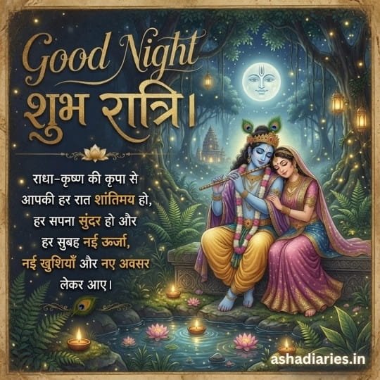 Radha Krishna Good Night Image with Moonlit Forest, Peaceful Night Blessings, Hindi Shubh Ratri Message and Divine Love