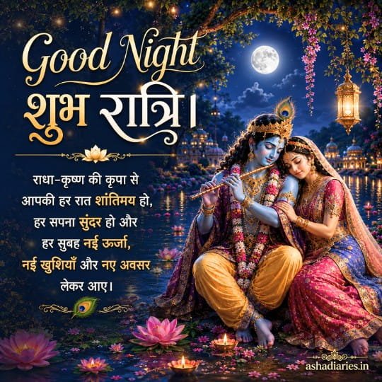 Beautiful Radha Krishna Good Night image with peaceful moonlit lake, divine blessings, and heartfelt Shubh Ratri wishes