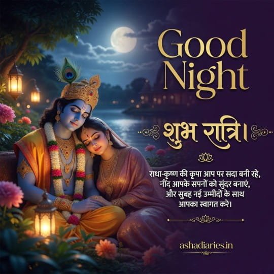 Peaceful Radha Krishna Good Night image with moonlit garden, divine blessings, and heartfelt Shubh Ratri wishes