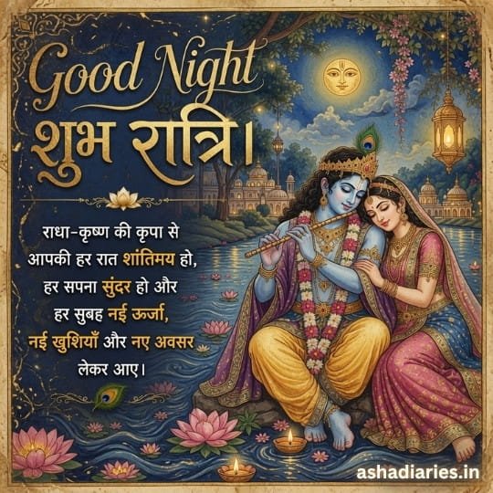 Beautiful Radha Krishna Good Night image with moonlit riverside, divine blessings, lotus flowers, and peaceful Shubh Ratri wishes