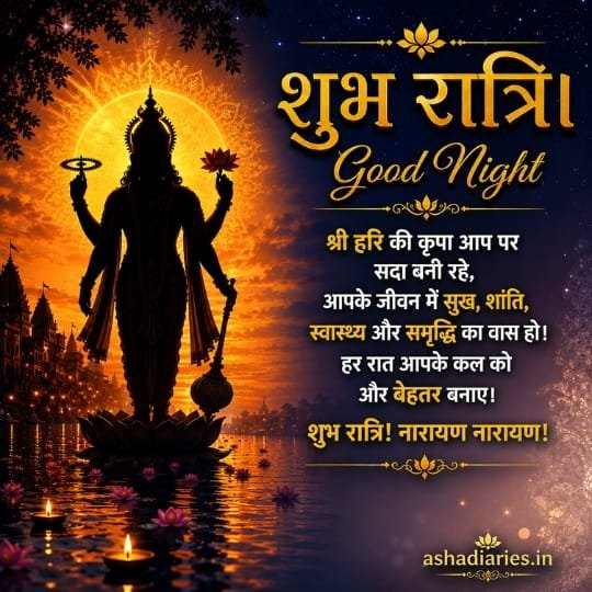 Lord Vishnu silhouette Good Night greeting with lotus, gada, glowing sunset and शुभ रात्रि wishes