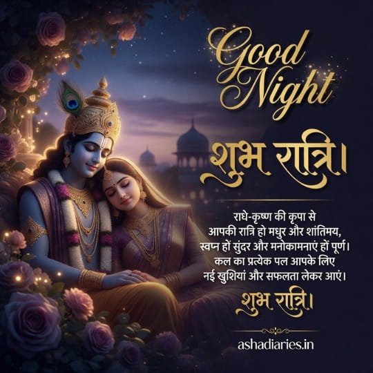 Radha Krishna Good Night Image with Beautiful Hindi Blessing, Divine Couple, Moonlit Night and Peaceful Shubh Ratri Wishes