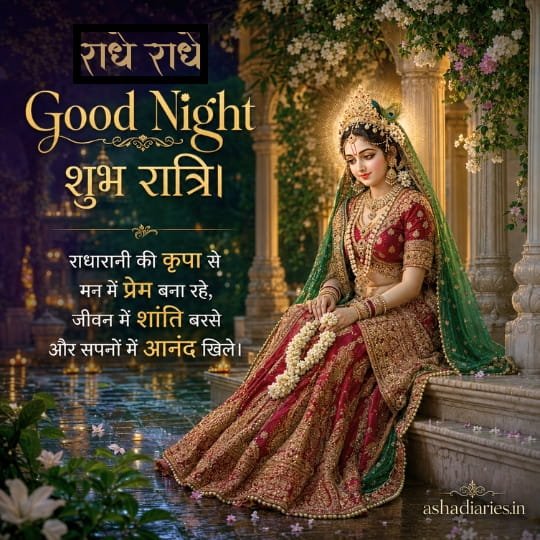 Radhe Radhe Good Night शुभ रात्रि image with Radha Rani seated by temple lake, floral pillars and peaceful devotional blessing