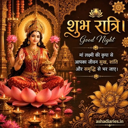 Maa Lakshmi Good Night image with divine blessings, pink lotus and glowing diyas
