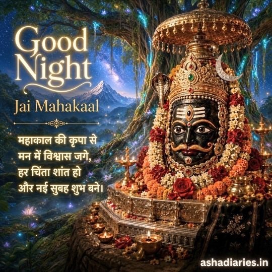 Jai Mahakaal Good Night image with decorated Mahakal lingam, sacred tree, glowing diyas and peaceful Hindi wishes
