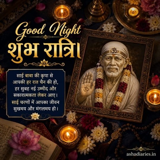Sai Baba Good Night image with framed portrait, glowing diyas, flowers and devotional Hindi wishes
