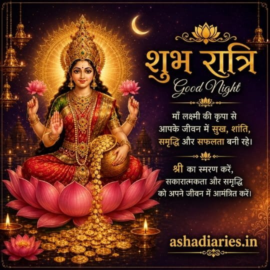 Maa Lakshmi Good Night image with Shri blessing, lotus and golden coins for prosperity