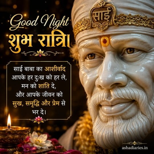 Sai Baba Good Night image with close-up divine portrait, glowing diya and Hindi blessing
