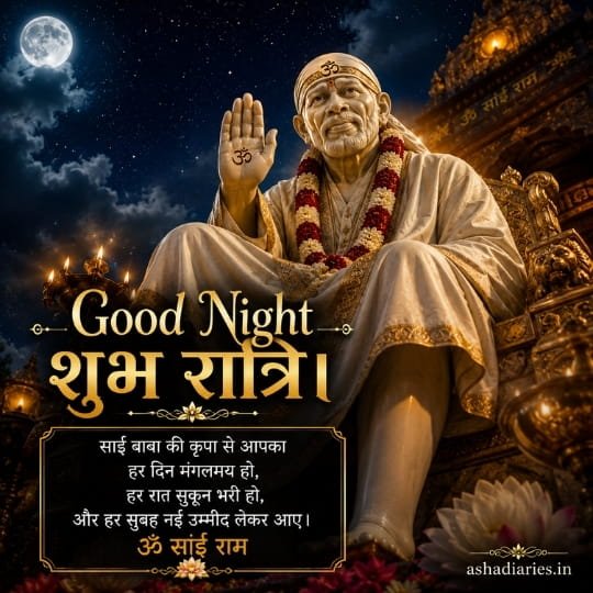 Sai Baba Good Night image with full moon, divine blessing pose and peaceful Hindi wishes
