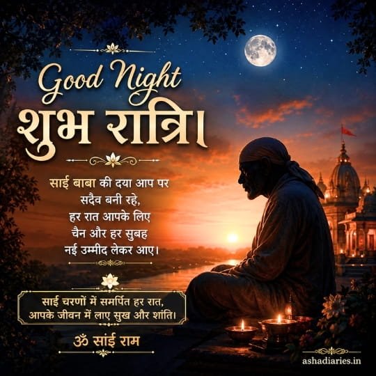 Sai Baba Good Night image with moonlit sky, temple, glowing diyas and peaceful Hindi blessings