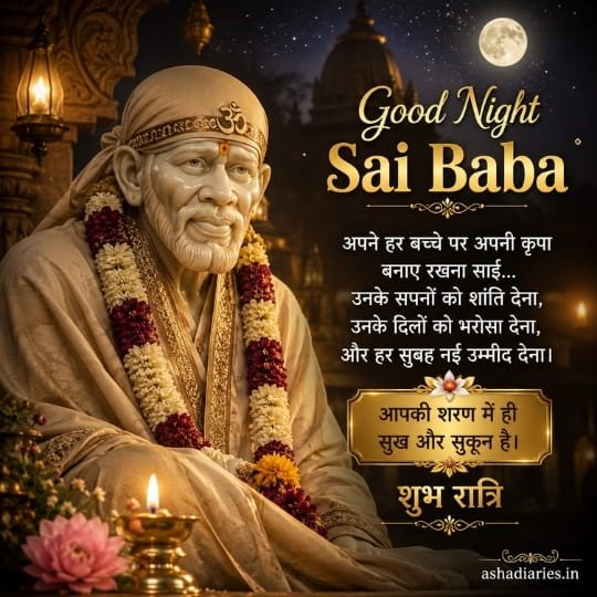 Sai Baba Good Night image with glowing diya, full moon, temple and heartfelt Hindi blessings