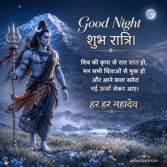 Lord Shiva walking with his trident across a moonlit Himalayan landscape with a Good Night message