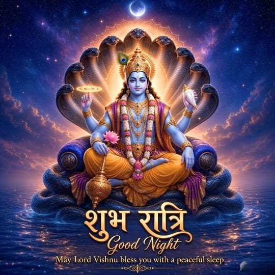 Lord Vishnu Good Night image with Sheshnag, lotus, gada, chakra and peaceful शुभ रात्रि blessings