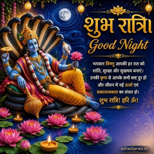 Lord Vishnu Good Night greeting with Sheshnag, lotus flowers, glowing diyas and शुभ रात्रि wishes