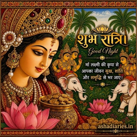 Maa Lakshmi Good Night image with golden kalash, lotus flowers and divine prosperity blessing