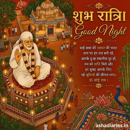 Sai Baba Good Night image with traditional temple artwork, glowing diyas and Hindi blessings