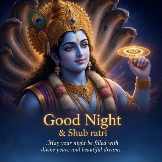 Lord Vishnu Good Night image with Sheshnag, Sudarshan Chakra and divine शुभ रात्रि wishes